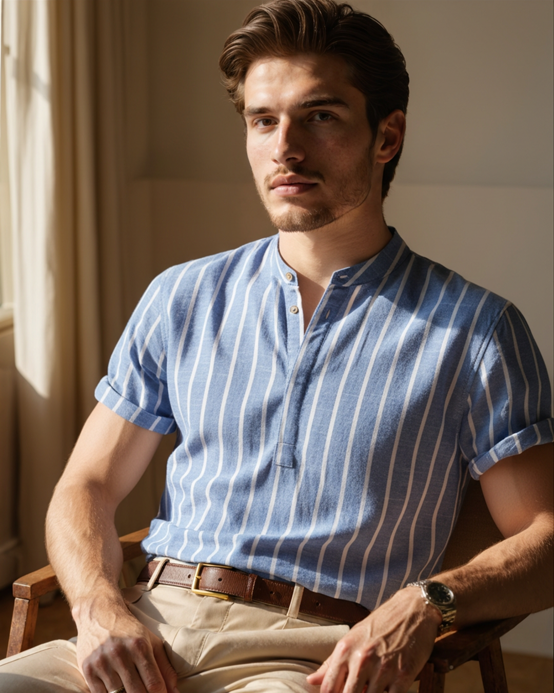 Striped Print Short Sleeve Collar Shirt