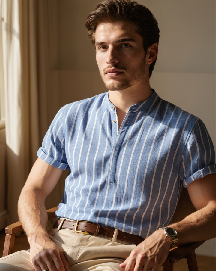 Striped Print Short Sleeve Collar Shirt