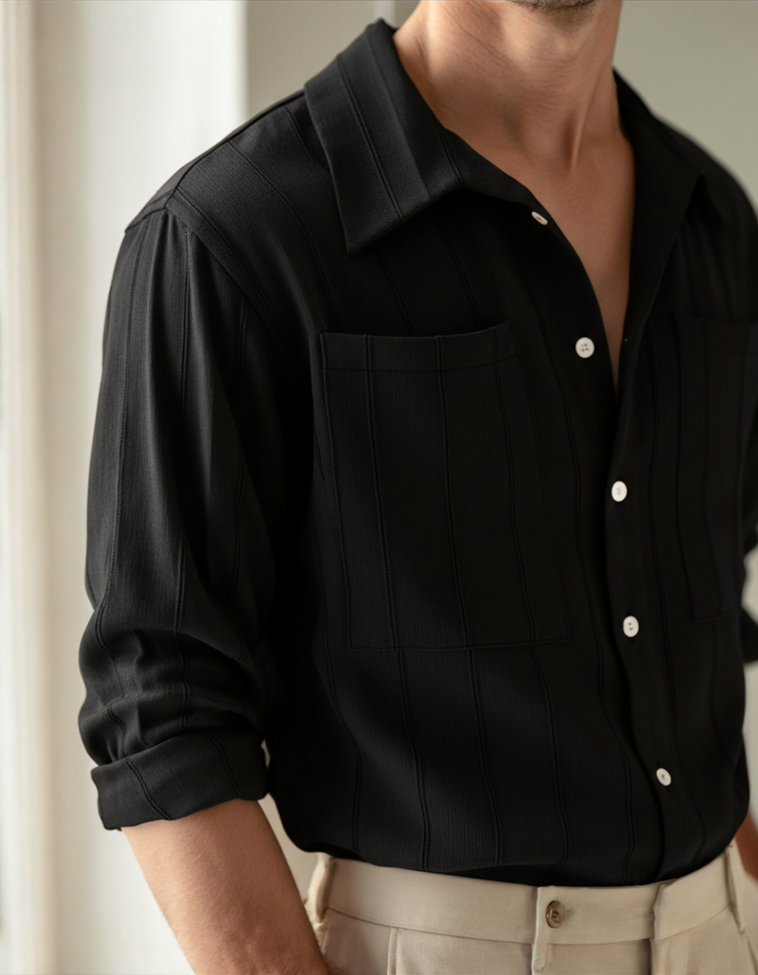 Men's Long Sleeve Ribbed Collar Shirt